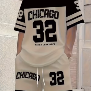 2pcs Men'S Urban Theme "81.28cm Number Print T-Shirt And Shorts Set